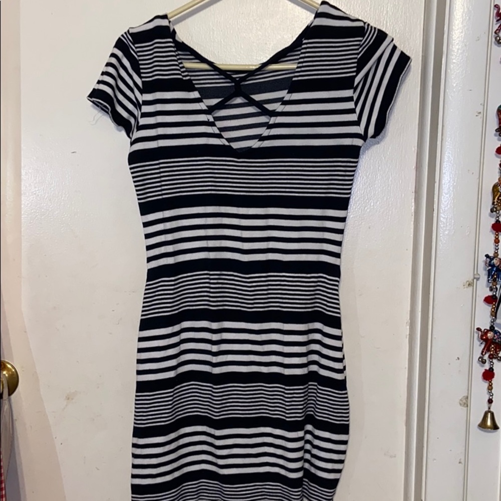 Navy blue and white mini dress with short sleeves